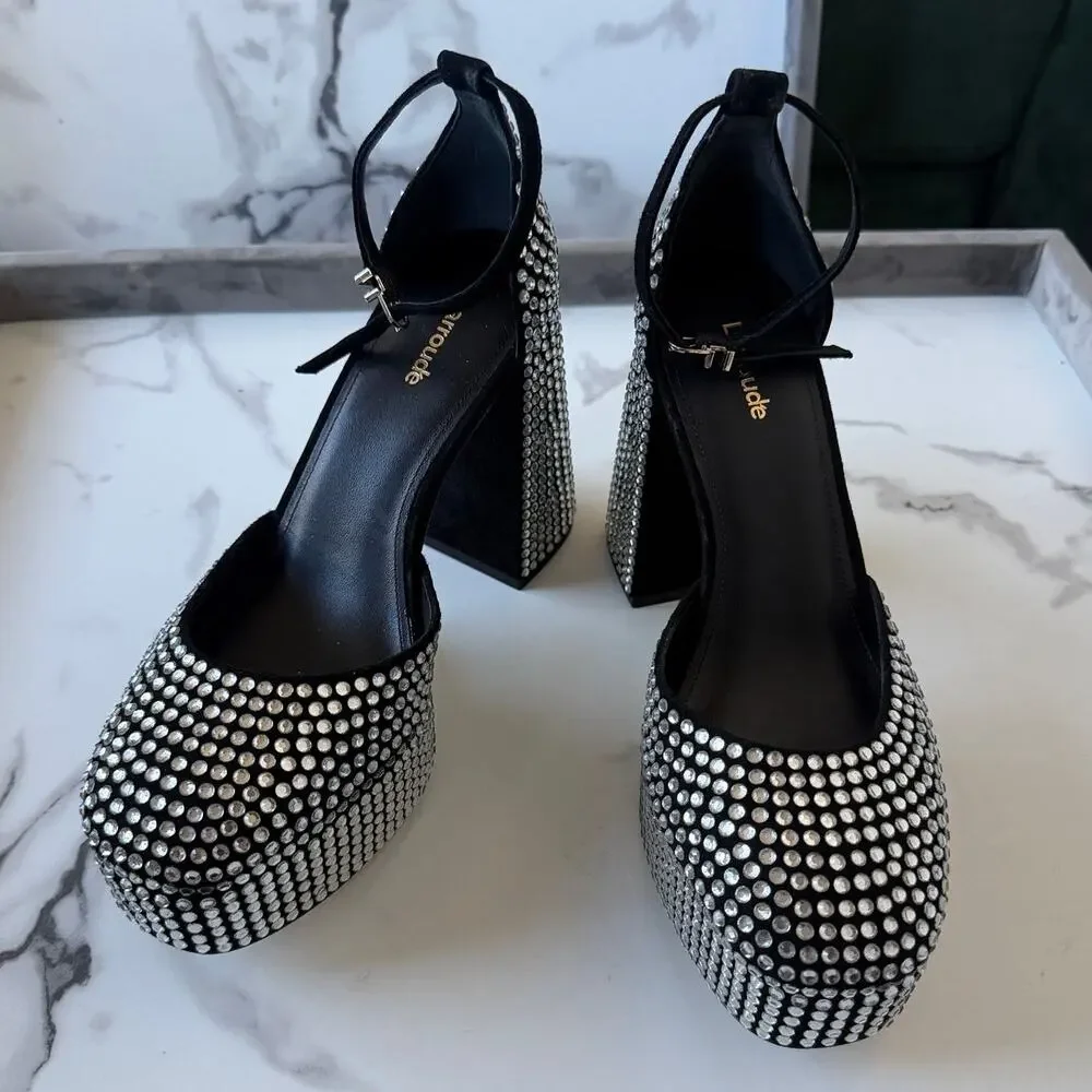 Larroude Ari Crystal Platform Pumps in Black Silver NEW Size 9